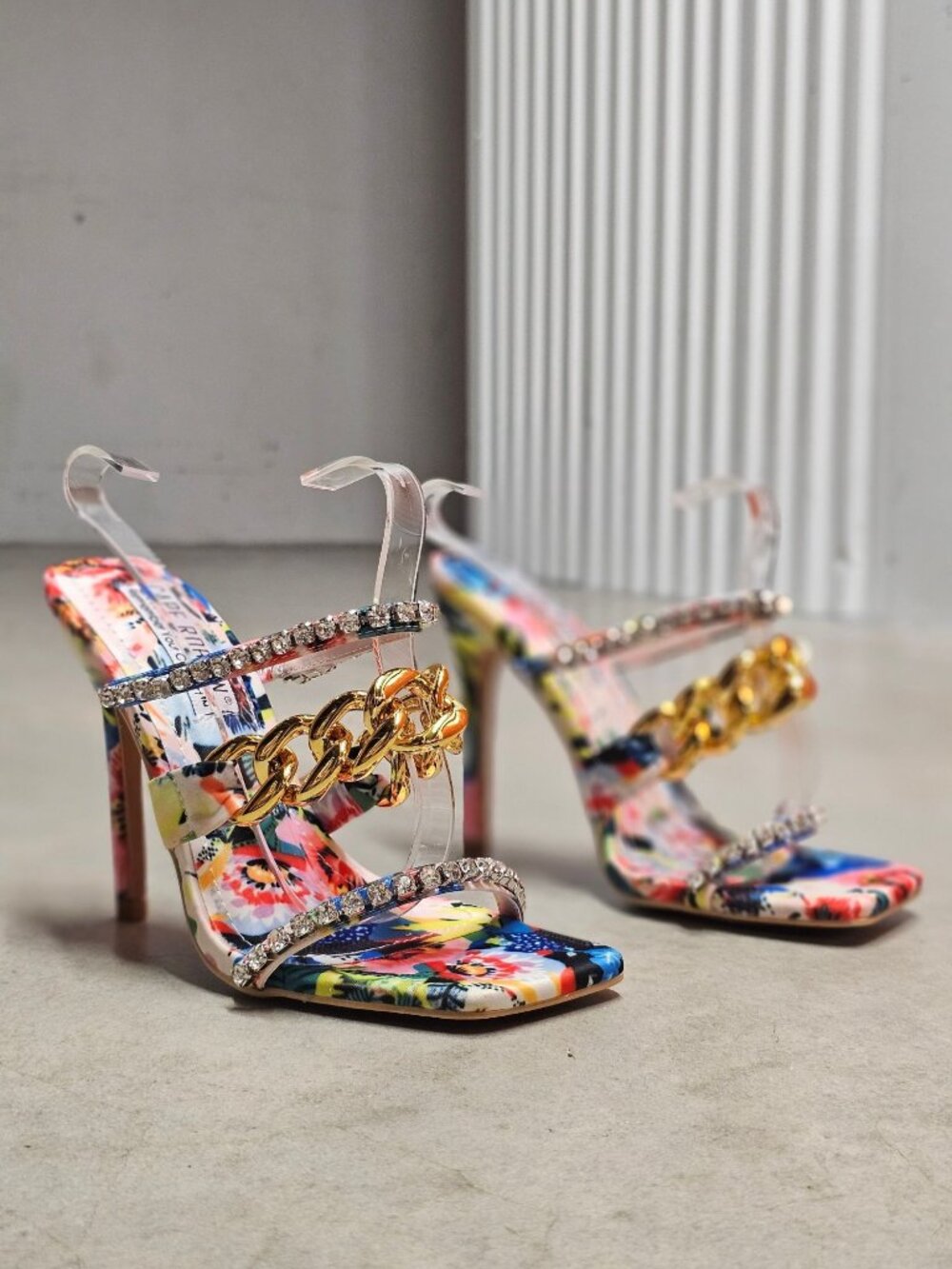 Floral Open-Toe High Heels With Rhinestone & Gold Chain Straps Multicolor Womens - Picture 13 of 14